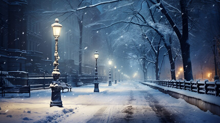 snow covered street with street lamp and covered trees night background