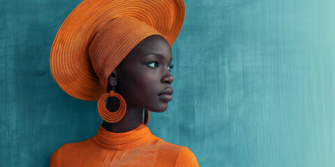 Profile of an African woman in traditional orange headwear and attire.