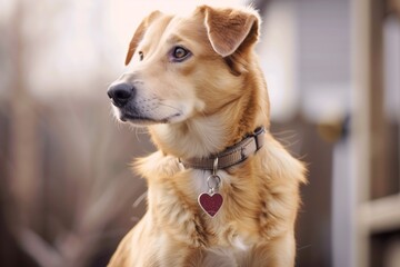 dog with a heartshaped tag on its collar, sitting attentively - obrazy, fototapety, plakaty