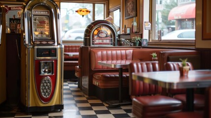 Warm vintage diner atmosphere featuring red leather booths, a classic jukebox, and iconic black and white checkered flooring. - 764608277