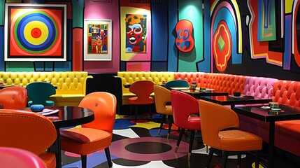 A modern cafe interior bursting with color, featuring eclectic artwork, multi-colored booths, and...