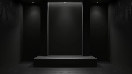 Black podium in dark room, showcase with futuristic dark theme.
