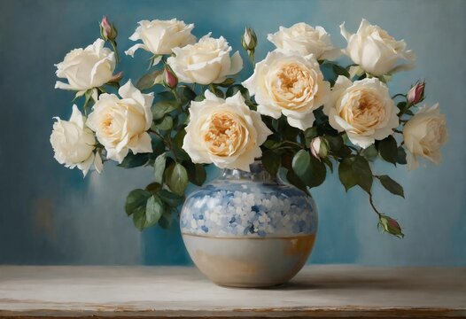 Soft combination: cream roses in a powder porcelain vase on an antique white wooden table under an abstract oil painting against a blue gray background