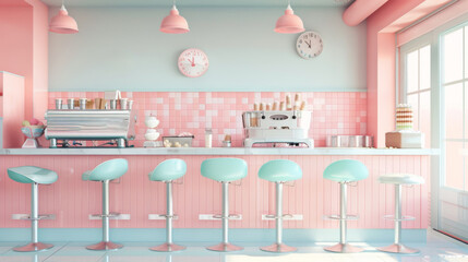 A dreamy ice cream parlor bathed in pastel pinks and blues, offering a retro aesthetic with chic bar stools and whimsical wall clocks. - 764608415