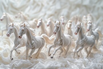 White horses on white fabric background. Selective focus with shallow depth of field. - obrazy, fototapety, plakaty