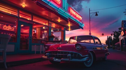 A classic vintage car parks outside a retro diner, with neon lights casting a nostalgic glow against the twilight sky.