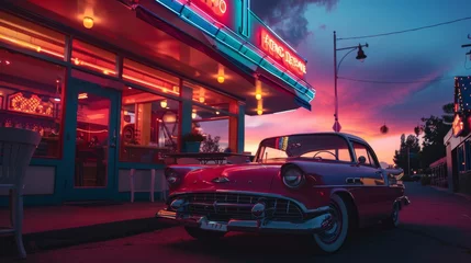 Zelfklevend Fotobehang A classic vintage car parks outside a retro diner, with neon lights casting a nostalgic glow against the twilight sky. © doraclub