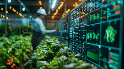 Agricultural worker, farmer monitoring plant health in high tech greenhouse, using digital data analysis for modern agricultural innovations and modern farming that uses technology for future of food - obrazy, fototapety, plakaty