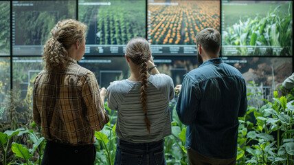 Teenagers studying information about various crops on large screen in agricultural area for education, symbolizing advanced farming technology with agricultural innovations.