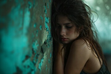 Fototapeta premium Depressed 15 years old Caucausian teenager girl, sad and unhappy, leaning against a dirty shabby wall. Teenager's depression danger.