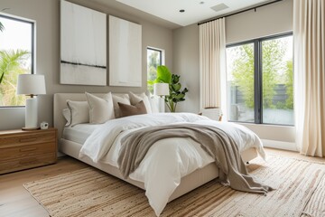 A modern minimalist bedroom retreat - obrazy, fototapety, plakaty