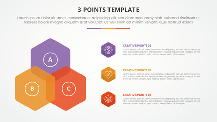 3 points stage template infographic concept for slide presentation with venn hexagon shape triangle structure with 3 point list with flat style