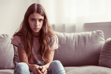 Naklejka premium Depressed 15 years old Caucausian teenager girl, sad and unhappy. Teenager's depression danger.