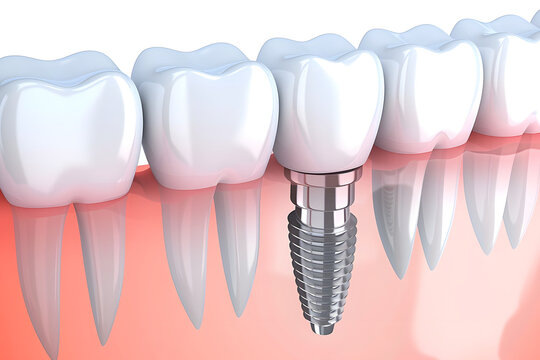 3D Illustration of teeth showing dental implant structure.Closeup white tooth and gum with Dental implant , Human Teeth for Medical Concept.Ai

