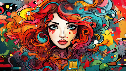 Stylish street graffiti with the face of a woman, doodle art cute girls grafitti art with colorful vibrant colours