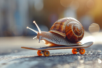 A small snail is riding a skateboard. a playful and whimsical mood. Slow snail skateboard. Speed increase, courier delivery, transportation, efficient fast movement, time saving fast delivery concept