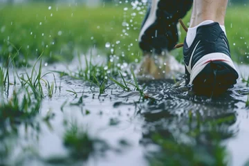 Zelfklevend Fotobehang athletic shoes jogging through a flooded grass field © stickerside