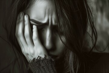 Portrait of a middle aged woman covering her face with hands in despair. Concept of depression, break-up, grief, loss of loved ones