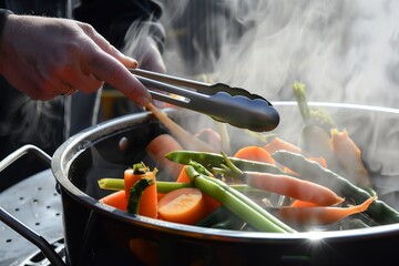 person using tongs to select vegetables from a steaming pot