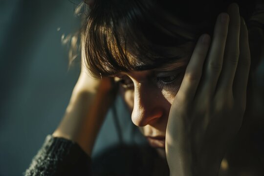 Portrait of a middle aged woman covering her face with hands in despair. Concept of depression, break-up, grief, loss of loved ones