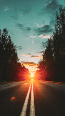 Sun Rising Over Asphalt Country Open Road In Sunny Morning Or Evening. Open Free Road In Summer Or Autumn Season At Sunny Sunset Or Sunrise Time - 764609422