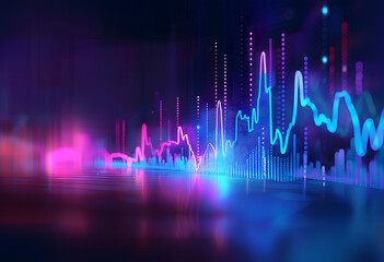 Stock Market Trends Under Blue and Purple Neon Glow: High-Resolution, Dynamic Perspective and Depth in Financial Illustration