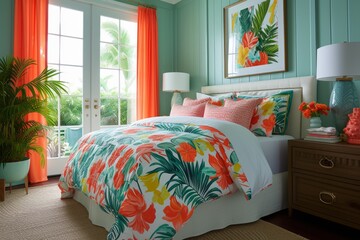 A tropical paradise with a coastal-inspired bedroom scene