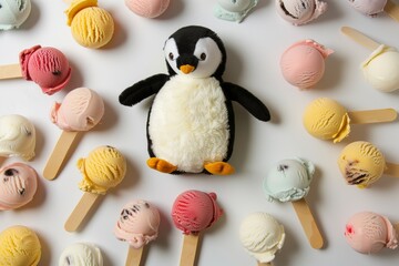 penguin plushie surrounded by assorted ice cream scoops - obrazy, fototapety, plakaty