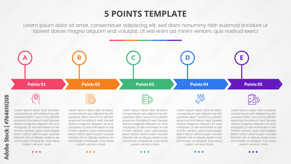 Aufkleber 5 points stage template infographic concept for slide presentation with creative arrow header circle