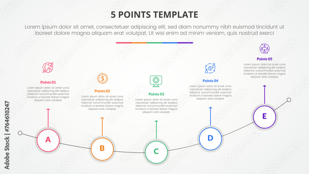 Aufkleber 5 points stage template infographic concept for slide presentation with outline circle on curve line