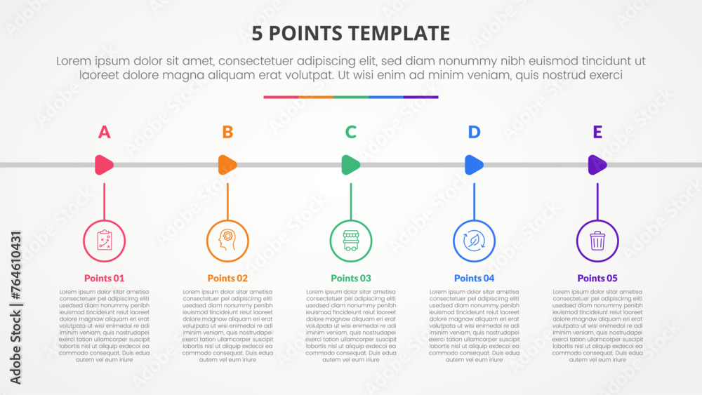 Aufkleber 5 points stage template infographic concept for slide presentation with outline circle and arrow sha