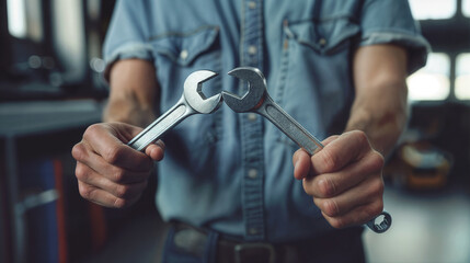 A mechanic in a blue uniform holding two wrenches. in a garage - obrazy, fototapety, plakaty