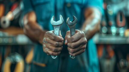 A mechanic in a blue uniform holding two wrenches. in a garage - 764610434