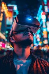 Person wearing VR goggles outside in a street with blurred advertising neon in the background. Virtual Reality use case concept.
