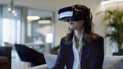 Business woman wearing VR goggles wearing virtual reality goggles in modern coworking office. - 764610608