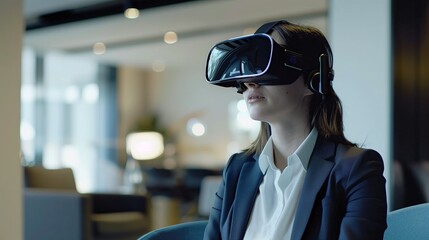 Business woman wearing VR goggles wearing virtual reality goggles in modern coworking office. - 764610633