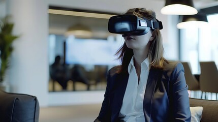 Business woman wearing VR goggles wearing virtual reality goggles in modern coworking office. - 764610652