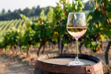 glass of wine placed on a barrel with a vineyard in the background