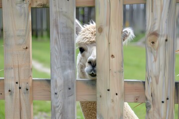 Fototapeta premium alpaca peeking its head through a wooden fence