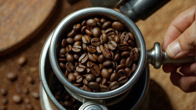 A close-up shot of coffee beans being ground in a manual grinder