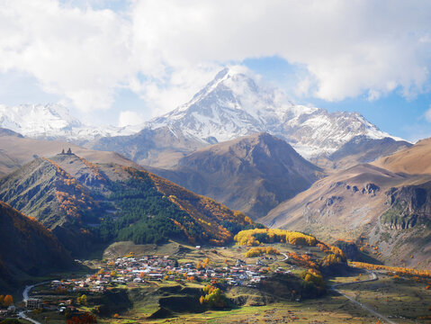 Mount Kazbek and Stepantsminda town in Georgia