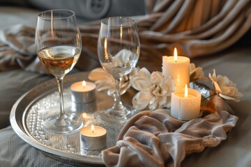 silver tray caddy with wine glass, candles, and silk flowers