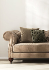 Close up of luxury, elegant brown sofa with cushion in modern, minimal living room in sunlight on cream white wall for interior design decoration 3D