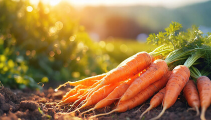 Freshly collected carrots on the ground in garden. Organic agriculture. Natural and healthy food. - obrazy, fototapety, plakaty