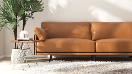 Mid century style, luxury brown leather sofa, side table, tree in minimal living room in sunlight...