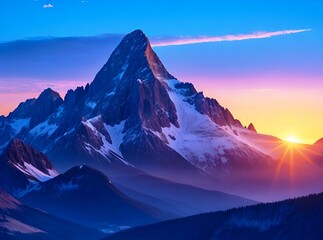 A view of the rising sun near a beautiful big snowy mountain