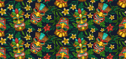 Pattern Tiki Hawaiian. Seamless tropical, aloha totem mask. Tropical flower print, sign vintage. Hawaii beach palm. Vector tidy tribal cartoon summer decor textile, wrapping paper, wallpaper design © Natalia