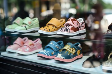 toddlers shoes with animal designs displayed in store window