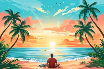 Explore Idyllic Telework Vacations: Ideological Adventures and Ambitious Treks in Serene Oceanic and Coastal Environments for Project and Career Completeness. - obrazy, fototapety, plakaty