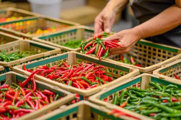 person sorting chili peppers by color in baskets